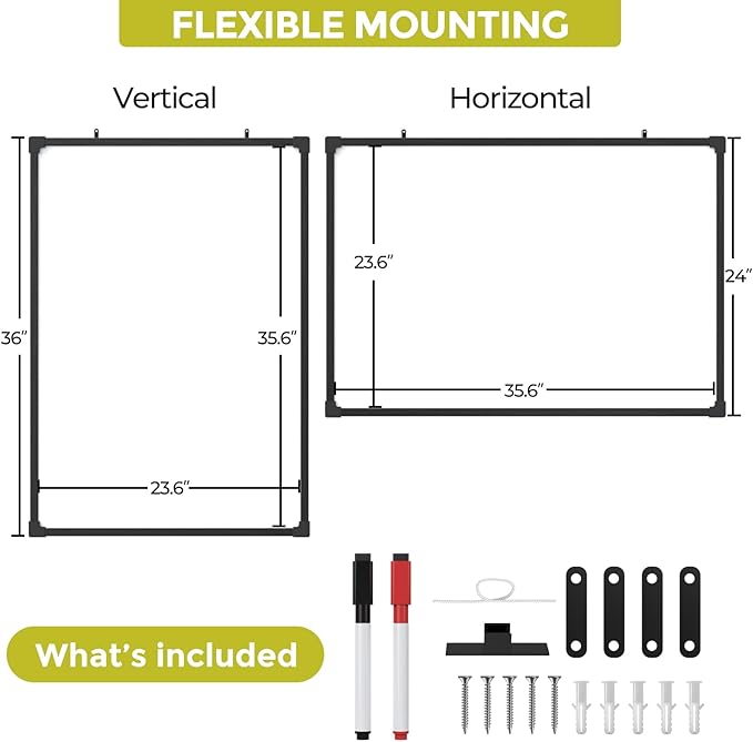 MaxGear Magnetic Dry Erase White Board, 36 X 24 Inches Double Sided Whiteboard, Black Aluminum Frame White Board for Wall, Hanging Planner Board with 2 Dry Erase Markers for School Office Home