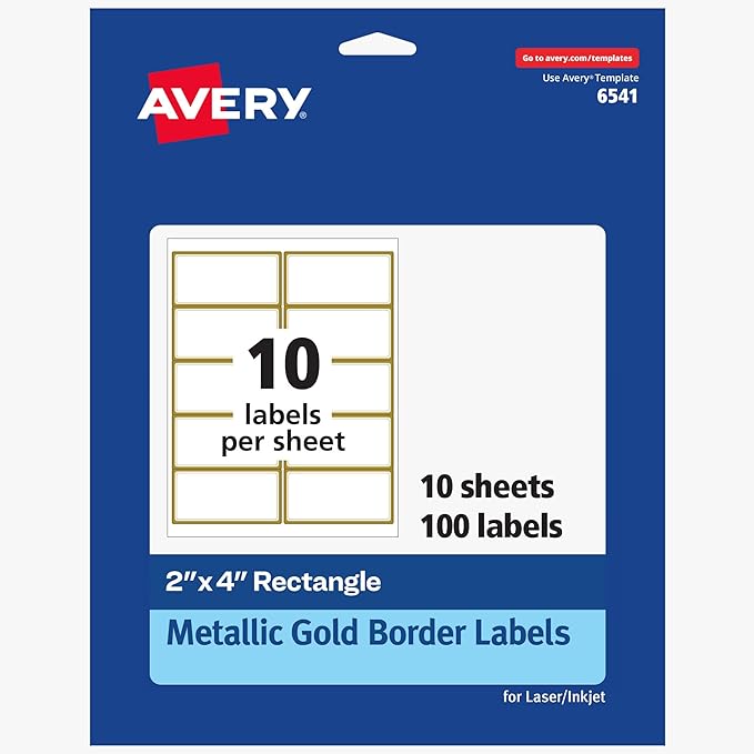 Avery Printable Rectangle Labels, 2" x 4" Blank Labels, Shipping, Matte White, Metallic Gold Border, Permanent Adhesive, Laser/Inkjet Printable, 100 Total (6541)