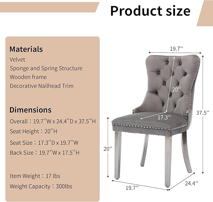 Luxury Upholstered Dining Chairs Set of 2, Grey Kitchen Chair with Silver Metal Legs, Velvet Tufted Back Dining Chair, Sillas de Comedor, Modern Kitchen & Dining Room Chairs (Gray, 2 Pcs)