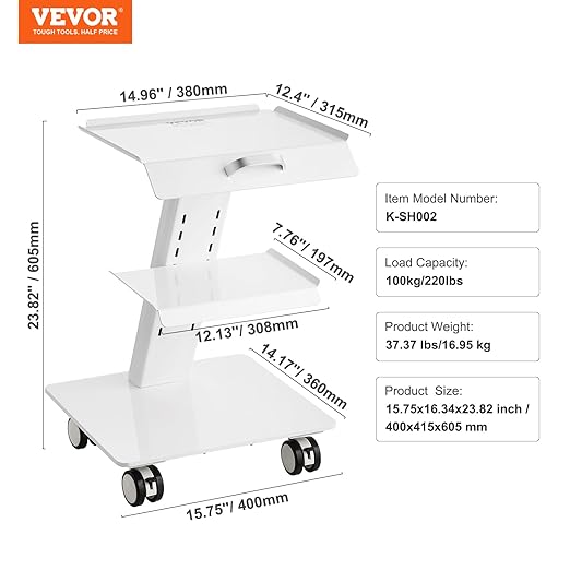 VEVOR Trolley Cart with Swivel Wheels, 3-Layer Mobile Esthetician Cart, Steel Metal Rolling Tray for Lab, Clinic, Beauty and Salon, 220 lbs Weight Capacity