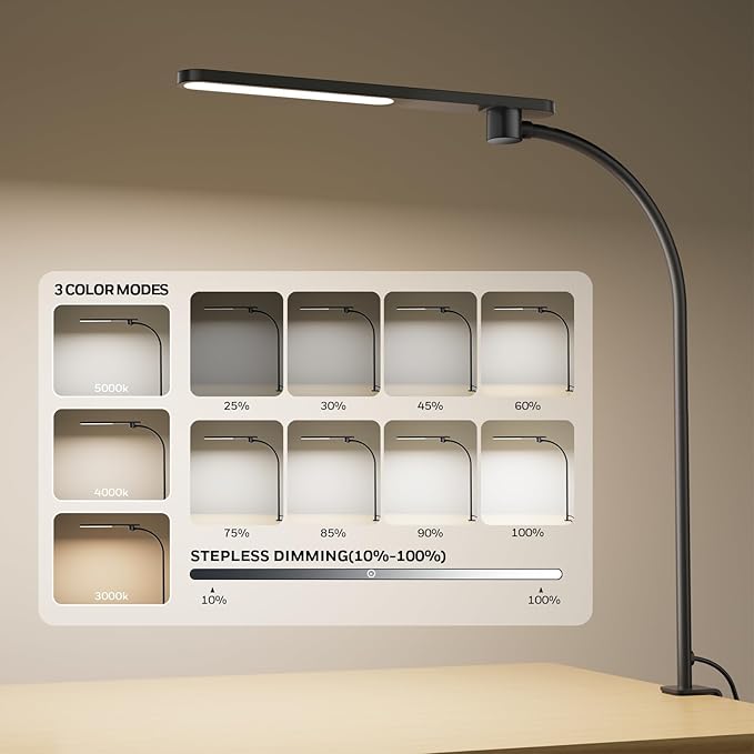 Honeywell HJ2 Gooseneck LED Desk Lamp with Clamp,3-Color Stepless Dimming.Flexible Metal Lamp Arm,CRI ≥ 97.Adjustable Small Desk Lamp for Home Office,Studying, Reading, Artists & Crafters (Black)