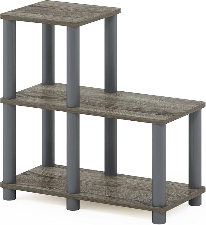 Furinno TURN-N-TUBE Storage Shelves, 2-Tier Ladder Shape Book Shelf with Open Frame Design, 3-Cube Corner Shelf, Toolless Open Shelves, Living Room, Garage, Home Office, Grey