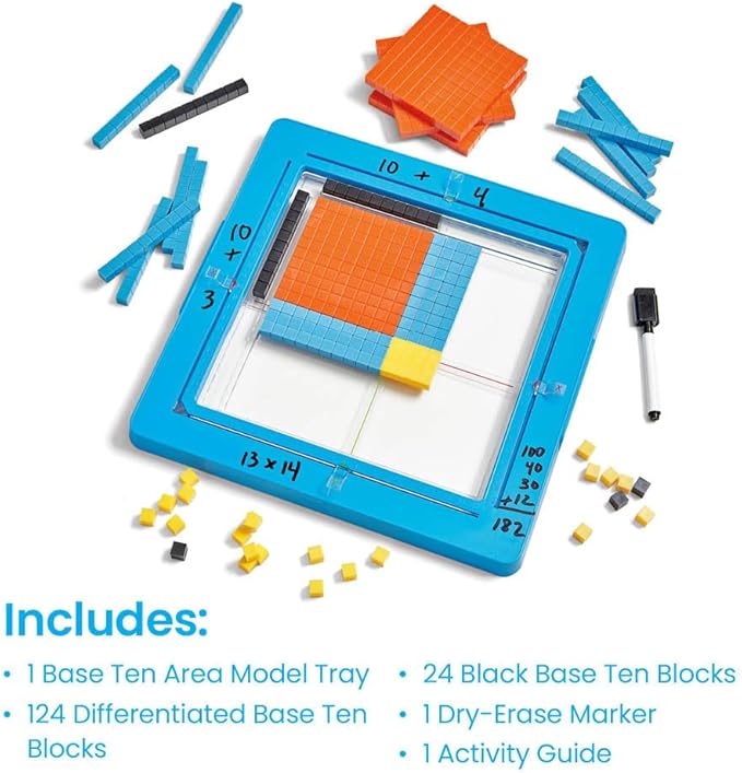 hand2mind Area Model Tray with Base Ten Blocks, Multiplication Manipulatives, Base 10 Math Manipulatives 3rd Grade, Counting Cubes, Teacher Supplies for Classroom Elementary, Math Classroom Must Haves