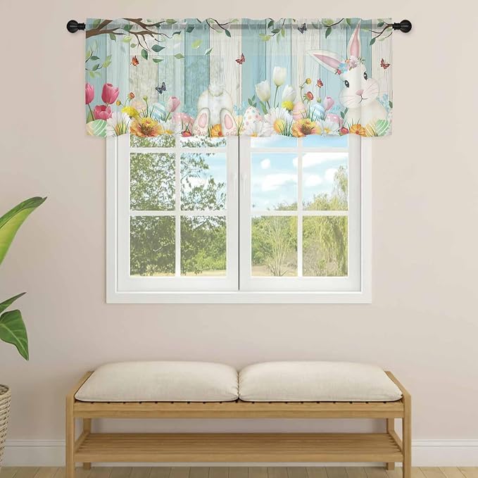 Easter Sheer Valances for Windows 60"x18", Light Filtering Kitchen Curtains