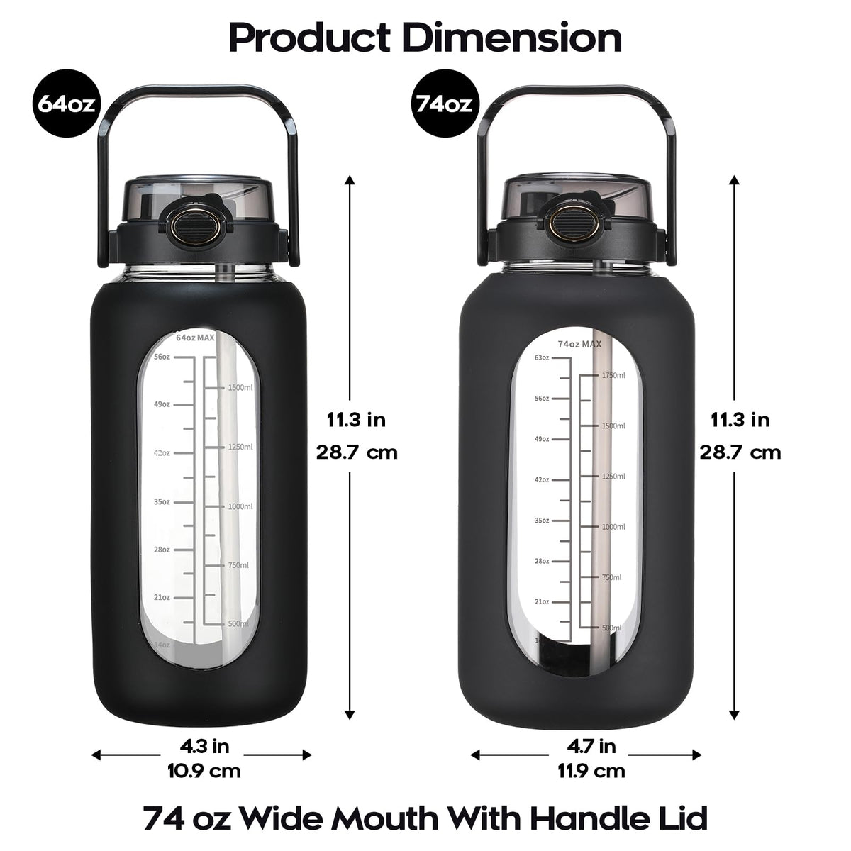 chunmo 74 oz Glass Water Bolttles with Straw Large Motivational Water Bottle with Time Marker Sports Water Bottles with Silicone Sleeve and Handle Lid 2.2L Water Jug for Gym Workout