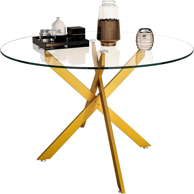 47.25" Round Dining Table for 6, Modern Clear Glass Kitchen Table for 6 with Gold X Metal Legs, Contemporary Small Circle Dining Room Leisure Tables for Kitchen Apartment