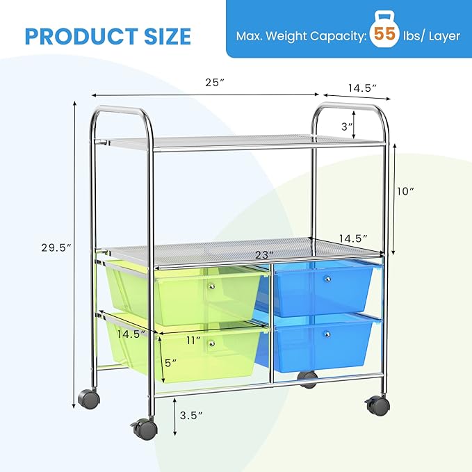 COSTWAY 4-Drawer Storage Cart, Mobile Storage Organizer w/Steel Frame & 360° Wheels, 4-Drawer Utility Cart for Living Room, Kitchen, Bathroom & Office, Green & Blue