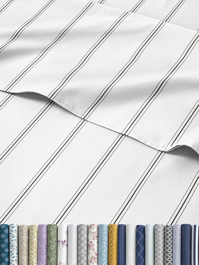 Striped Sheets - Black & White Striped Sheets - 1 Flat & 1 Fitted & 1 Pillowcase w/ Deep Pockets – Wrinkle & Fade Resistant - Soft, Breathable & Cooling – Luxury Pinstripe Bedding - Twin Size Bed Set