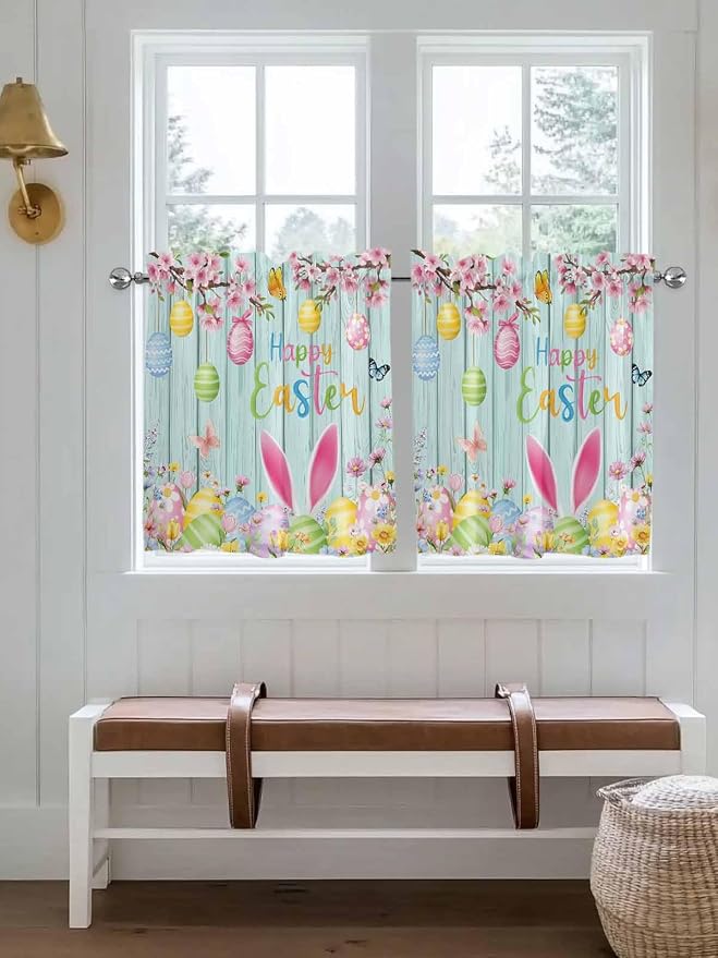 Happy Easter Half Window Curtains 24 Inches Long, Spring Bunny Eggs Flower Teal