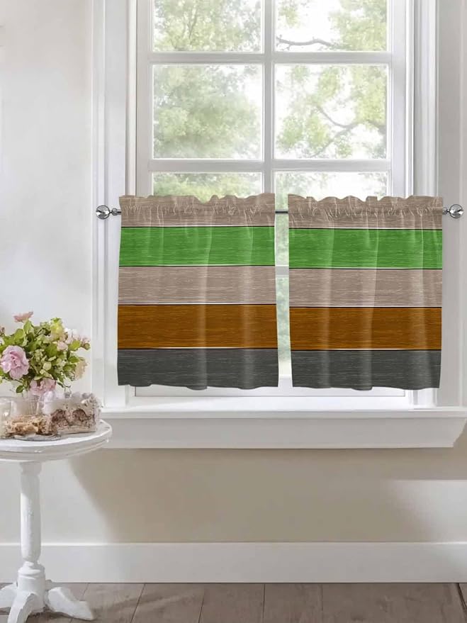 Farm Gray Green Brown Wood Grain Window Valance Curtains, Rustic Wooden Plank