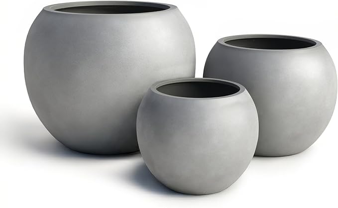 DTY Signature Mount Sherman Modern Indoor Outdoor Fiberstone Sphere Planter, Durable Round Garden Pot, Weather Resistant, Drainage Hole & Rubber Plug, Planter for Christmas Tree - Large, Gray