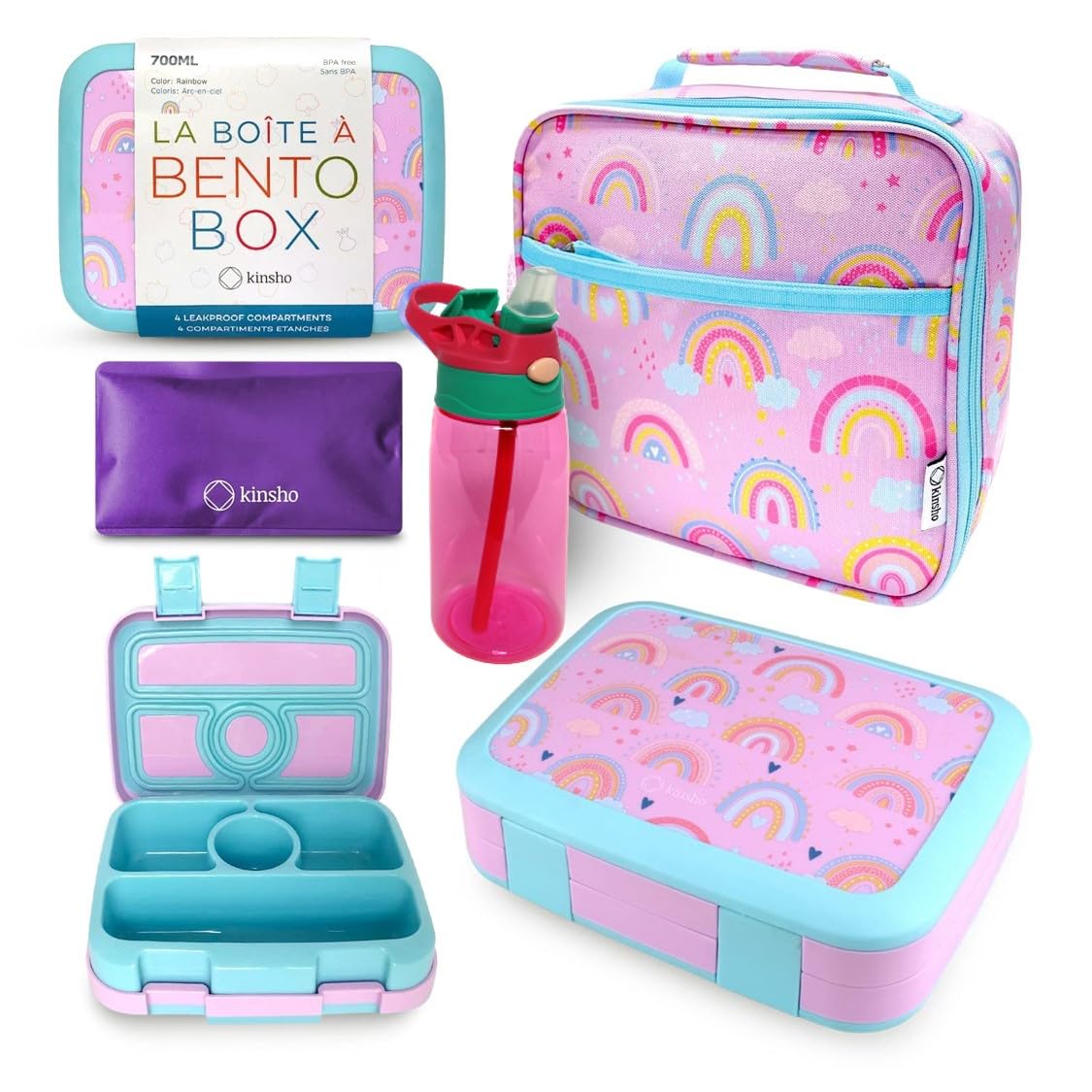 kinsho Bento Lunch Box with Insulated Bag and Water Bottle Set for Kids Toddlers, 4 Portion Sections, Removable Tray, Pre-School Girl Toddler Daycare Lunches, Snack Container, Pink Unicorn