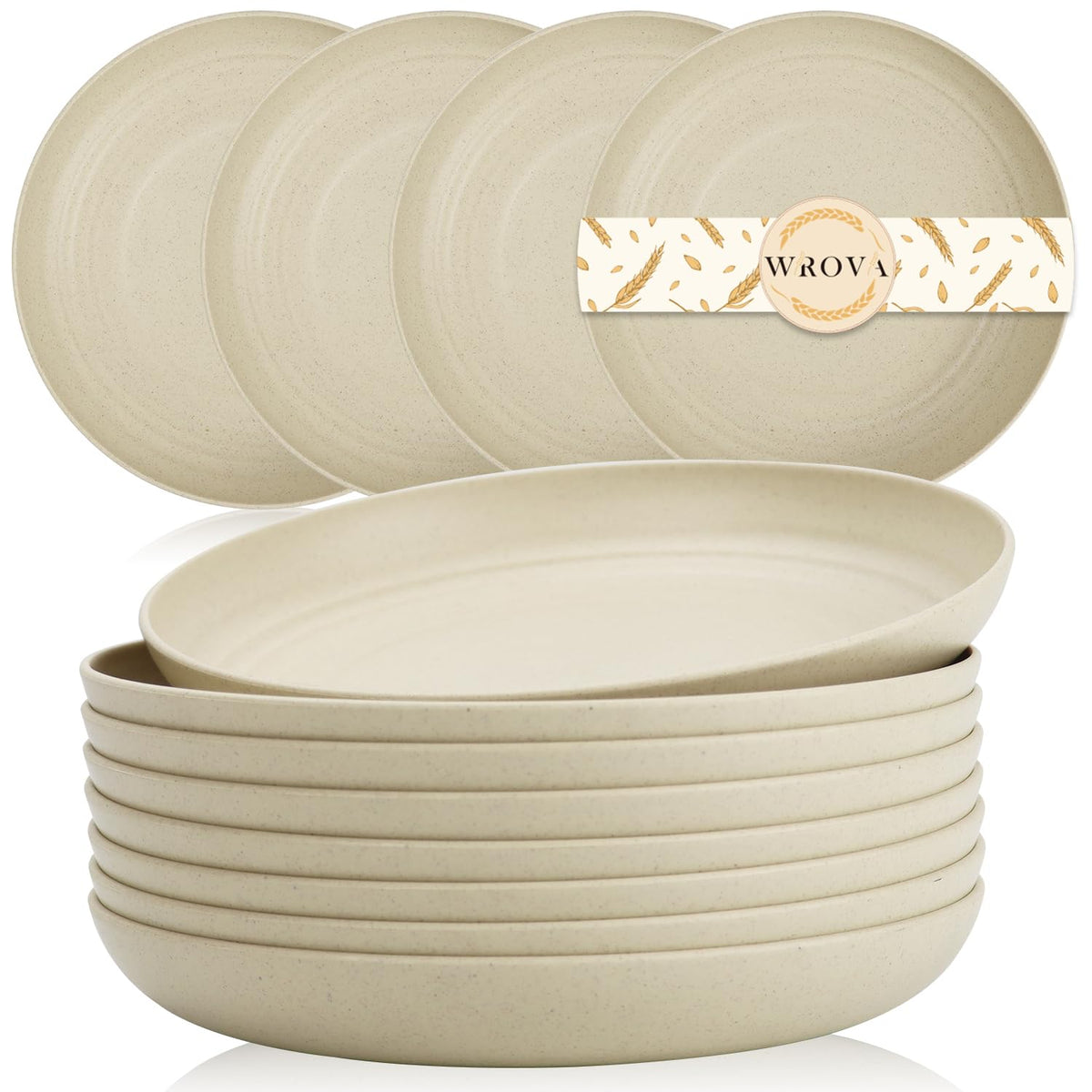 Wrova Wheat Straw Plates - 8 Inch Unbreakable Dinner Plates Set of 8 - Dishwasher & Microwave Safe Plastic Plates Reusable - Lightweight Plates for kitchen,R.V (pure black)