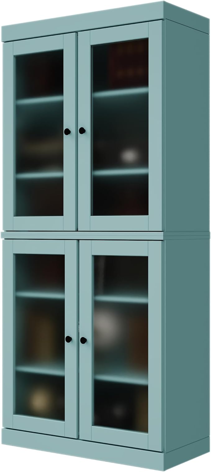 Palace Imports Solid Wood Bookcase w/Frosted Glass Doors & Adjustable Shelves for Living Room - 6-Tier Tall Bookshelf, 71.5" H x 32” W - Aqua, 100% Renewable Eco-Friendly Wood, Made in Brazil