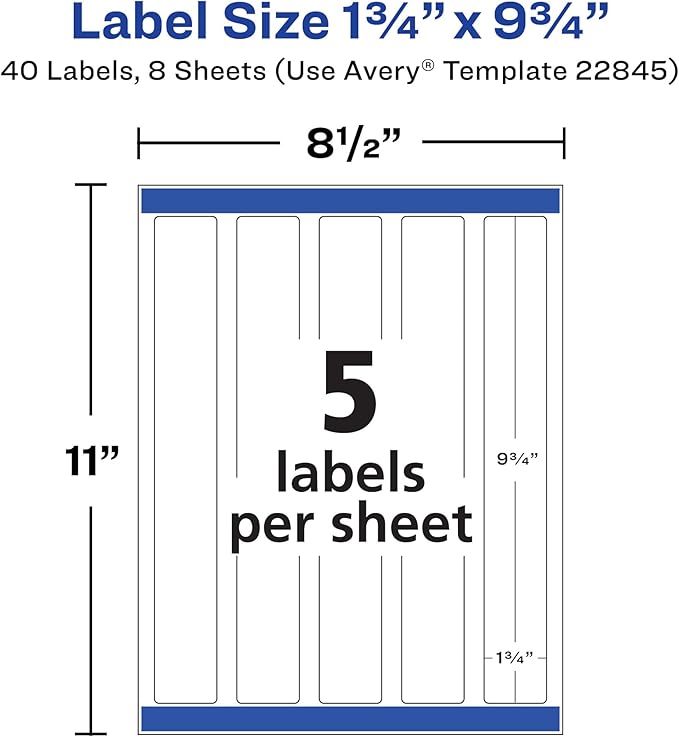 Avery Durable Waterproof Wraparound Rectangle Labels with Sure Feed Technology, 1-1/4" x 9-3/4", Matte White, 40 Customizable Labels for Laser and Pigment-Inkjet Printers (22845)