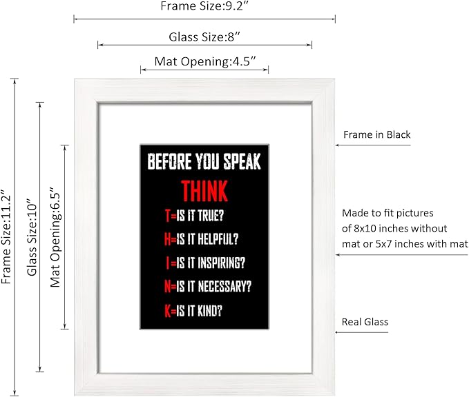 Wieco Art Think Quotes Wall Art Inspirational Canvas Print Motivation Classroom Decor With White Picture Frame and Real Glass Made to Display 5x7" with Mat or 8x10" Without Mat for Home Office Wall Decoration