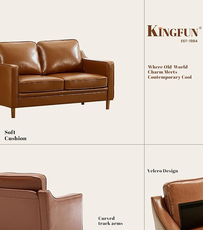 Kingfun Living Room Furniture Sets, 2 Armchair and Loveseat, Mid Century Modern Sofa Set, Faux Leather Couch with Solid Wood Frame for Living Room & Bedroom, Dark Brown