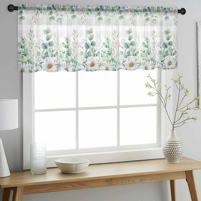 Eucalyptus Leaves Daisy Sheer Valance Curtains, Summer Farmhouses Gray Plaid