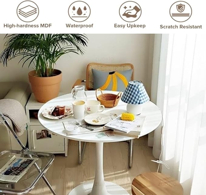 27.3" Tulip Dining Table, White, Perfect for 2-4 People, Mid-Century Modern Style, Round MDF Top with Sturdy Base for Dining Room, Living Room, Cafe