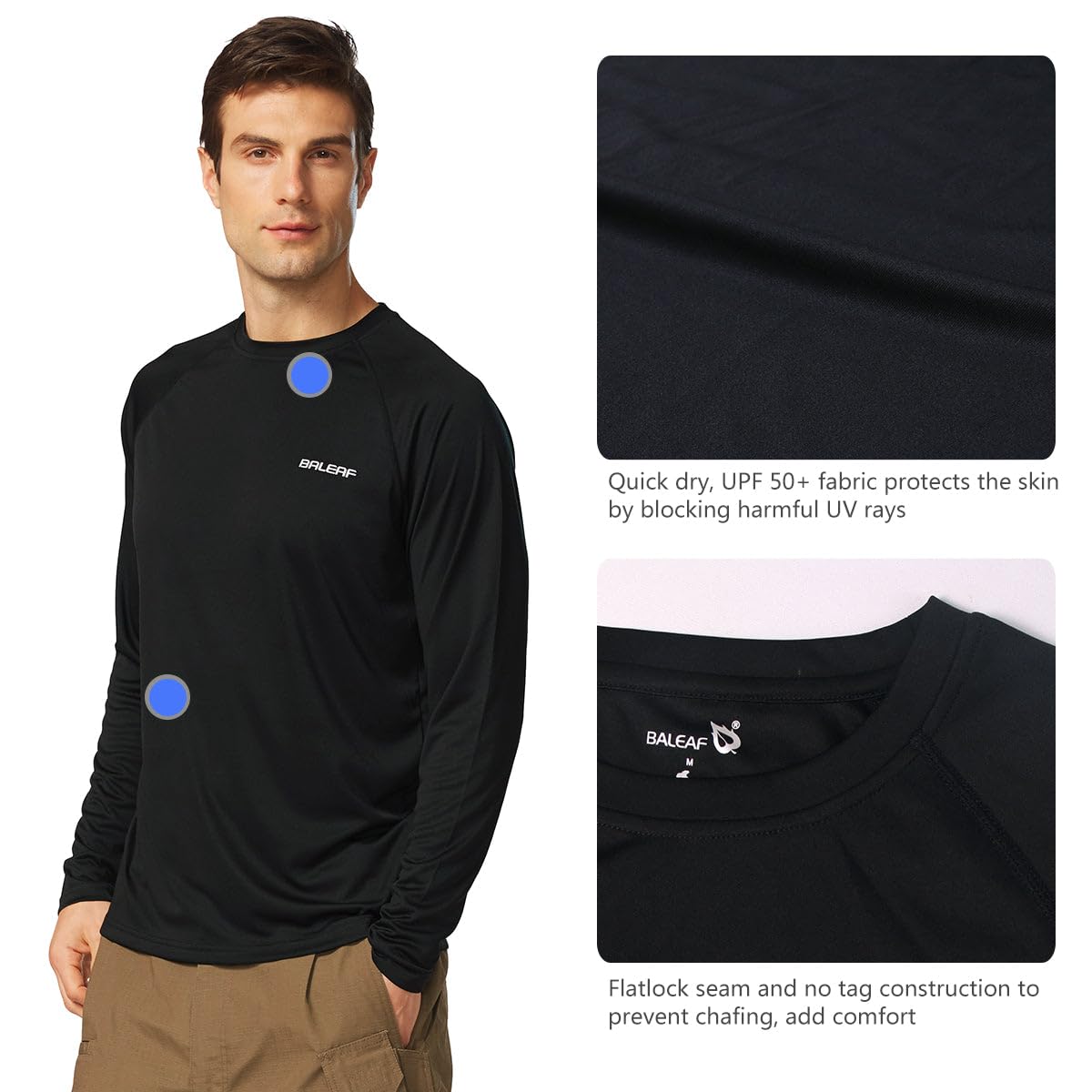 baleaf Mens UPF 50+ Sun Protection Shirts Long Sleeve Rash Guard, Quick Dry 4-Way Stretch for Fishing Swimming Surfing 01-Black 2XL