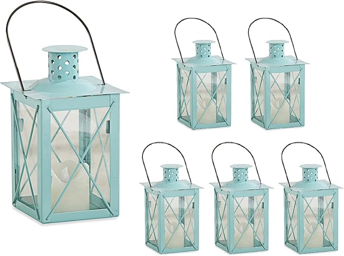 Kate Aspen Medium Decorative Lanterns - Set of 6 - Luminous Blue Metal Lantern Tealight Candle Holders Centerpieces for Wedding, Home Decor and Party - 6.3" H (8.9" H with Handle)