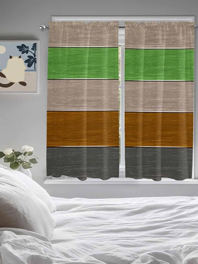Farm Gray Green Brown Wood Grain Window Valance Curtains, Rustic Wooden Plank