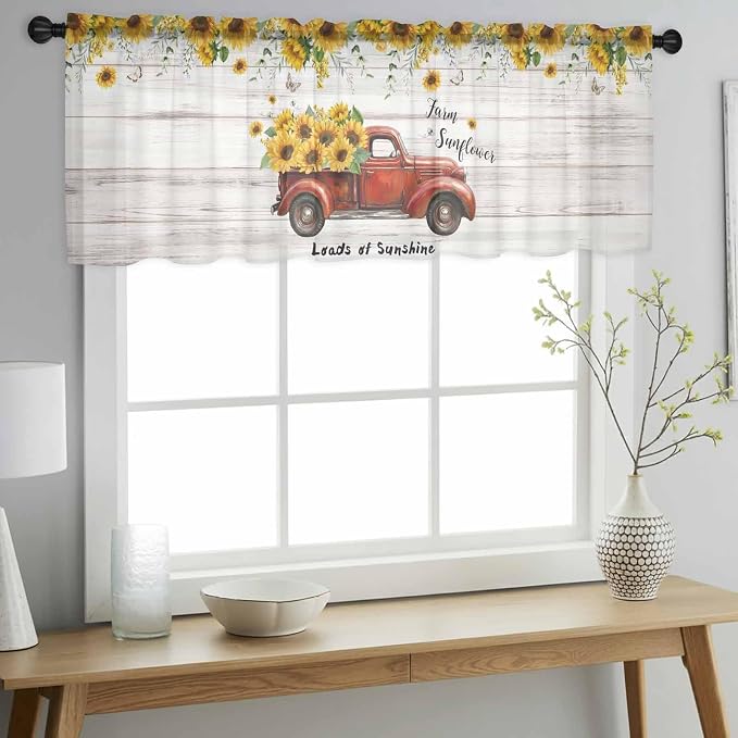 Farmhouses Sunflowers Sheer Valance Curtains, Retro Floral Leaves Red Truck