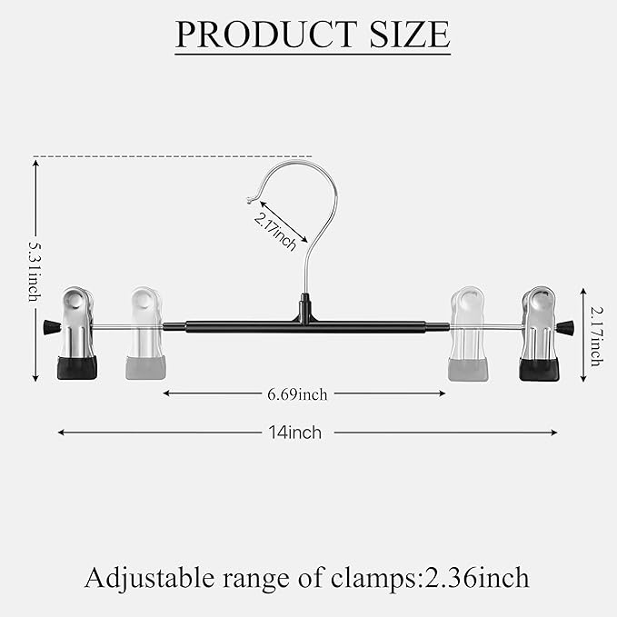 60 Pack 14 Inch Heavy Duty Pants Skirt Hangers with Clips,Metal Trousers Hanger for Jeans Black Non Slip Women Shorts Hangers Saving Space Clothing Hanger for Adult,Men,Children,Kid,Baby