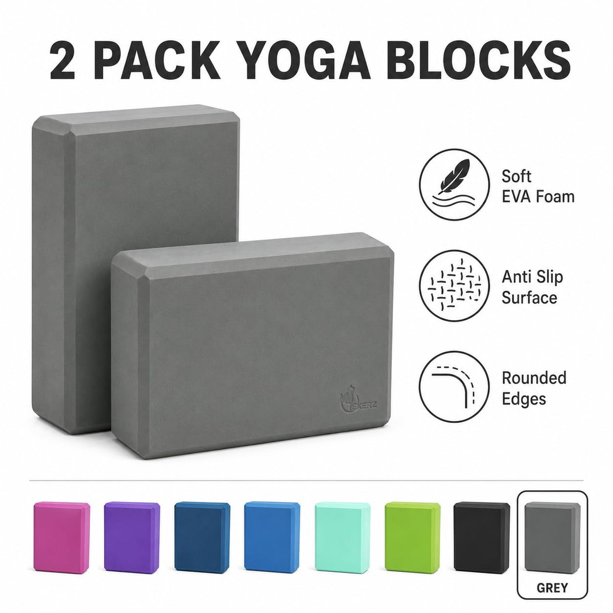 Exerz Yoga Blocks 2 Pack EVA Foam Gym Bricks Pilates Stretch Gray