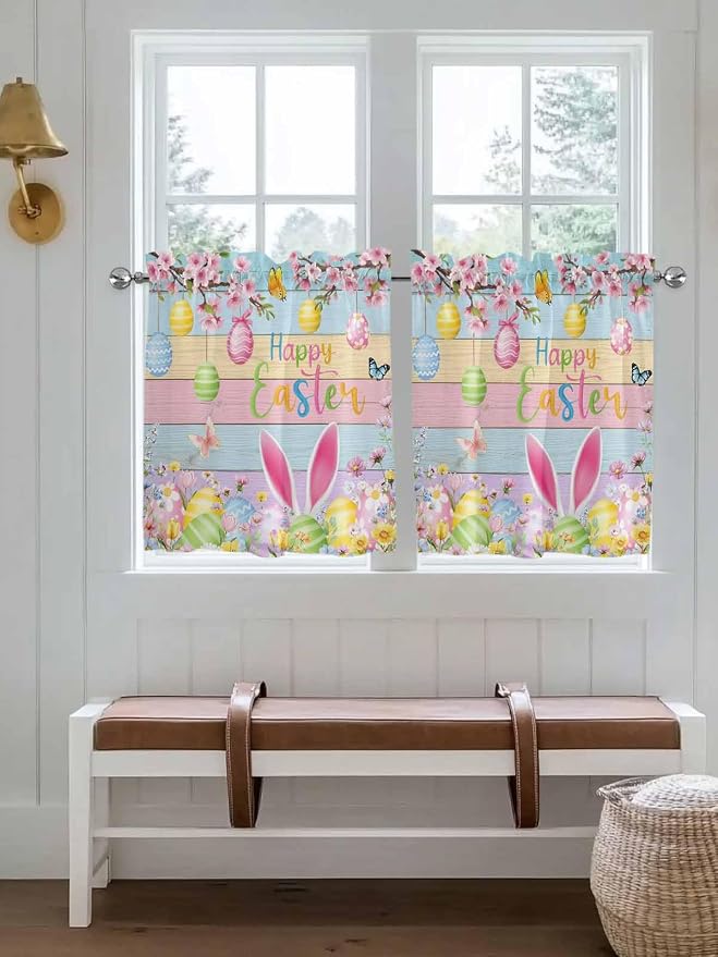 Colorful Easter Half Window Curtains 24 Inches Long, Spring Watercolor Bunny