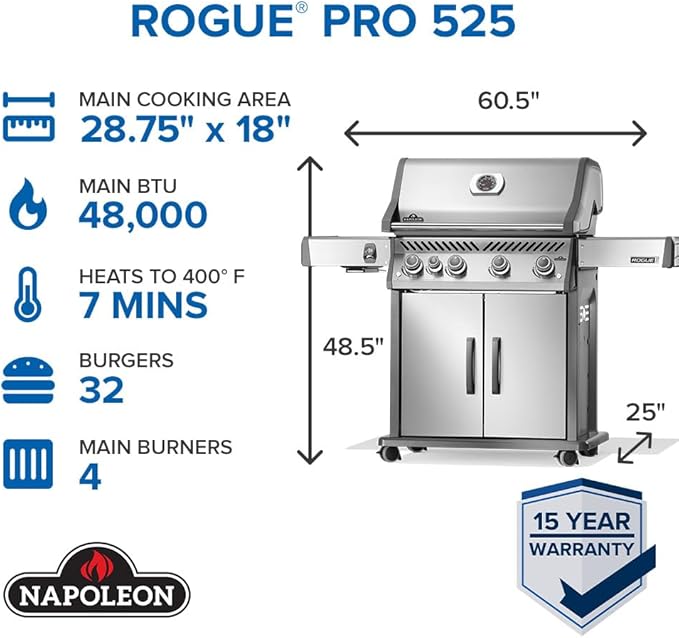 Napoleon Rogue PRO 525 Natural Gas Grill with Infrared Side Burner, Stainless Steel, Durable 5-Burner Gas Grill