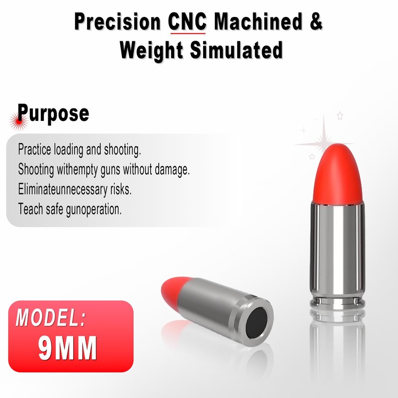 WAKAZO Training Snap Caps Dummy Rounds, Durable CNC-Machined Aluminum Alloy Safe for Handling Drills & Dry Fire Practice, Ideal for Shooting Skill Training (Silvery, 9MM-12PCS)