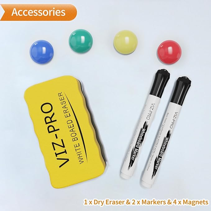 VIZ-PRO Magnetic Whiteboard/Dry Erase Board with Black Aluminium Frame, 48 X 24 Inches, Includes 1 Eraser & 2 Markers & 4 Magnets