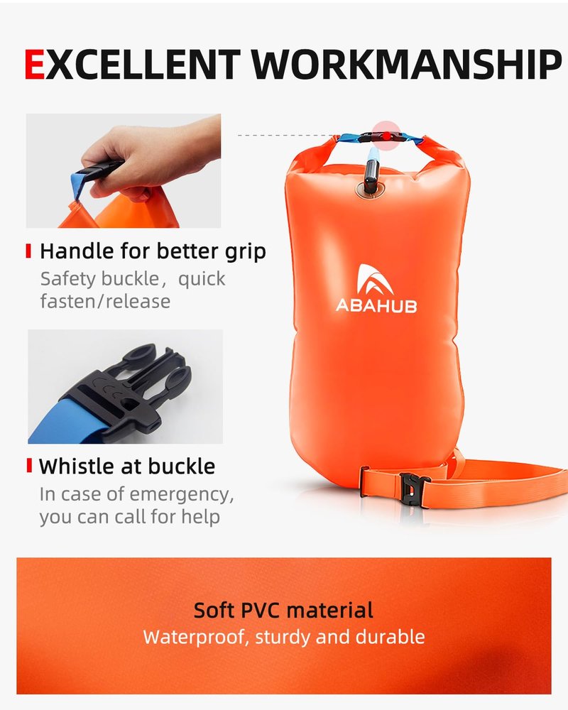 Abahub Swim Buoy Safety Tow Float Swim Bubble Achieve Be Bright, Be Seen, Be Safer for Open Water Swimmers and Triathletes During Outdoor Swimming High Visibility Buoy Orange 15L