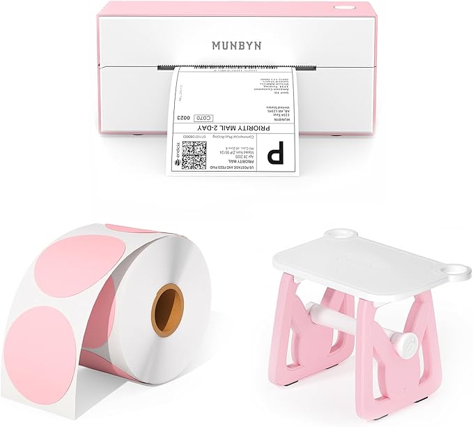 MUNBYN Bluetooth Thermal Label Printer, 4x6 Shipping Label Printer+2 Inch Pink Circle Thermal Sticker Labels+Label Holder for Rolls and Fanfold Labels