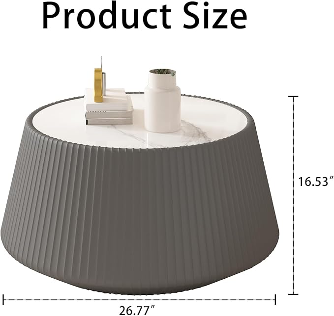 Round Coffee Table Set with Sintered Stone Tabletop, 26.77" Grey Drum Center Table and 19.68" Grey Coffee Table Set, 2 Pieces Living Room Table Set with Fluted PU Leather Cover& Stable Base