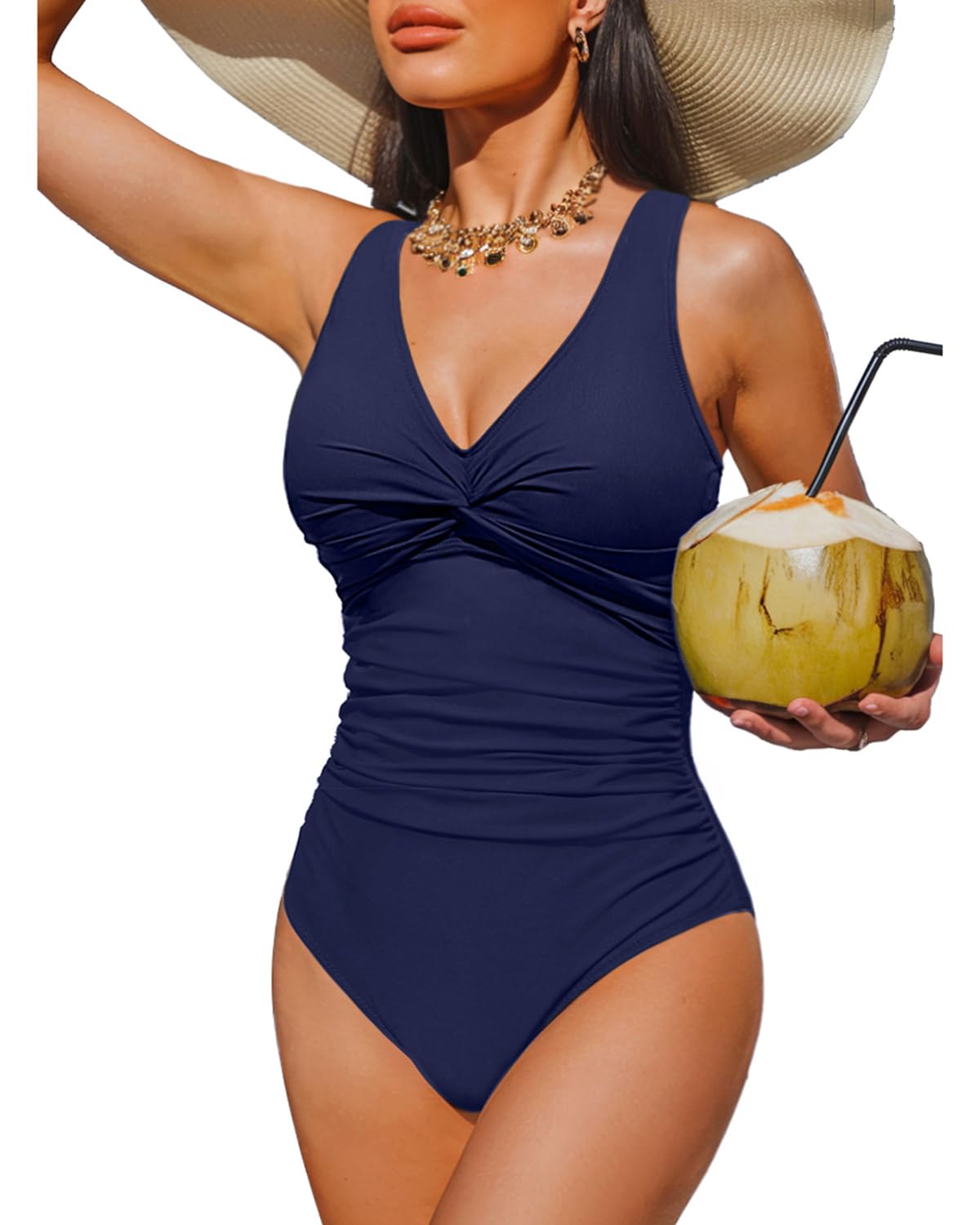 Navy Blue Tummy Control One Piece Swimsuit Full Coverage Bathing Suit XL