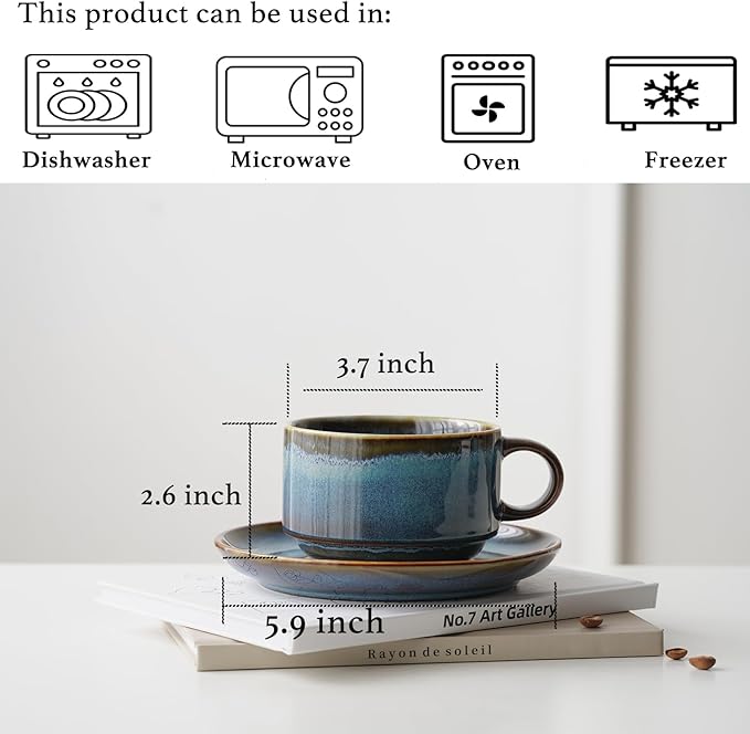 Ceramics 10oz Cappuccino Cups with Sacuer, Set of 2, Coffee Cup for Au Lait, Latte, Tea, Mocha-Set of 2, Dishwasher and Microwave, Reactive Blue