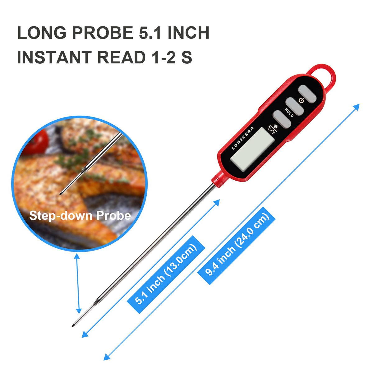 LONICERA Digital Cooking Thermometer for Bread, 5-Inch Probe, Red
