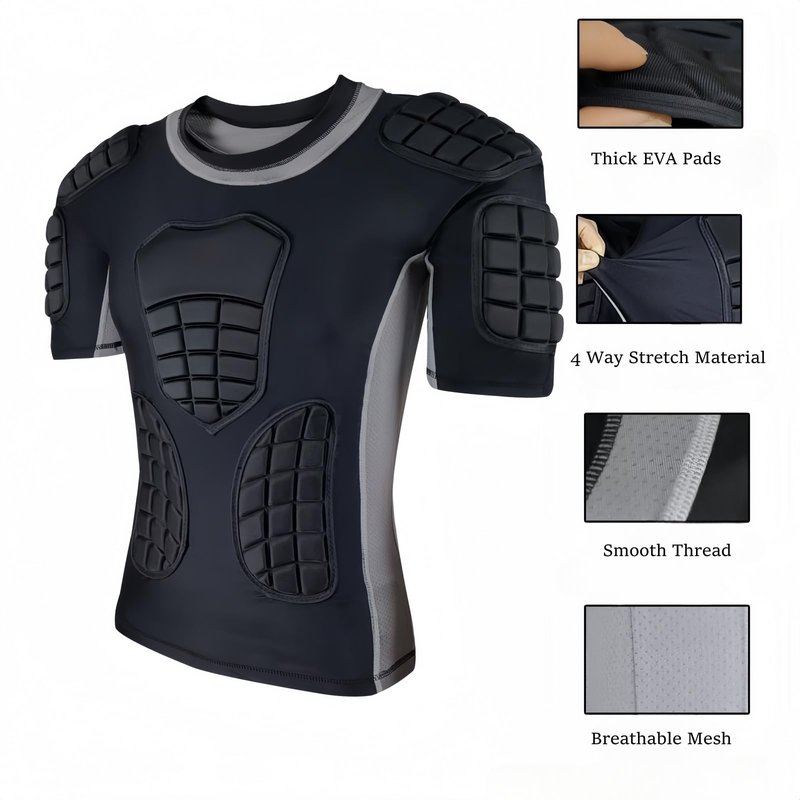 Topeter Mens Padded Protective Shirt, Impact Protector Undershirt with Rib, Chest, Shoulder & Back Pads for Football, Training, Contact Sports Gray S