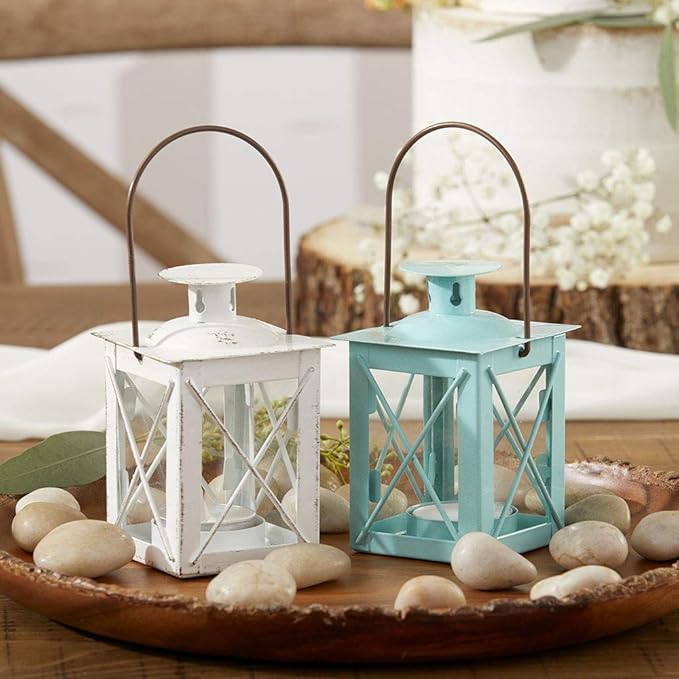 Kate Aspen Rustic Shelf Decor Luminous Vintage Tea Light Votive Candle Holders Metal Mini Decorative Lantern, Distressed White (Pack of 2)