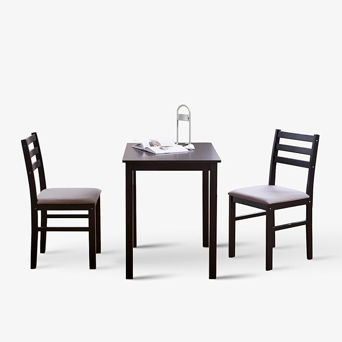Livinia Seattle 3-Piece Wooden Dining Table Set for 2, Modern Farmhouse Kitchen Dining Room Set with Solid Wood Ladder Back Chairs for Small Space (Black)