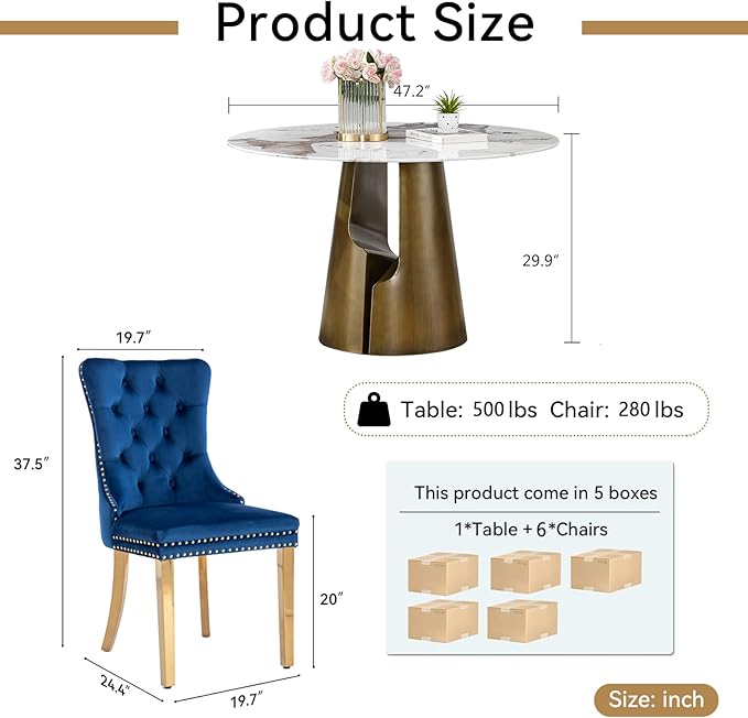 7-Piece Faux Marble Round Dining Table Set for 6, Modern Luxury Kitchen Table Set for 6 with Blue Tufted Chairs,Circle Dining Tables with Pandora Grain Top and Bronze Pedestal Base