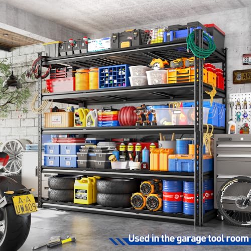 REIBII 55" W Garage Shelving Unit, 5-Tier Adjustable Rivet Metal Shelves, 2800 LBS Industrial Steel Storage Shelves with Reinforced Mesh, for Warehouse Basement Pantry, Shed, Black, 72" H x 17.7" D - size: 55"Wx17"D x 72"H