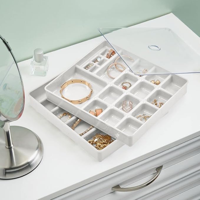 mDesign Stackable Plastic Storage Jewelry Box - 2 Organizer Trays with Lid for Drawer, Dresser, Vanity - Holds Necklaces, Bracelets, Bangles, Rings, Earrings - 3 Pieces - Light Gray/Clear