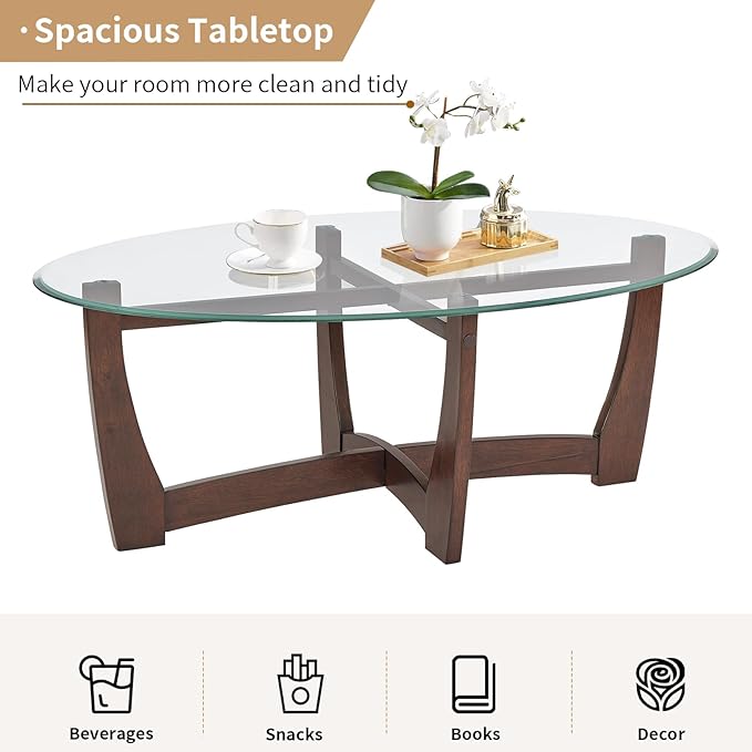 LKTART 48" Oval Glass Coffee Table with Tempered Glass Top Cross and Solid Wood Base Simple & Modern Center Table for Living Room Office Apartment Cherry