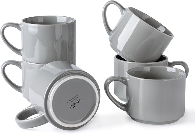 GBHOME 14OZ Stackable Ceramic Mugs Set of 6, Modern Coffee Mugs for Hot Drinks, Grey, 14 Fluid Ounces, 6 Count