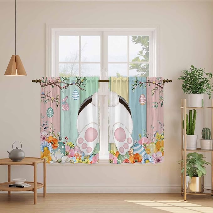 Easter Kitchen Curtains 54 Inch Long 2 Panel Set, Rod Pocket Window Curtains