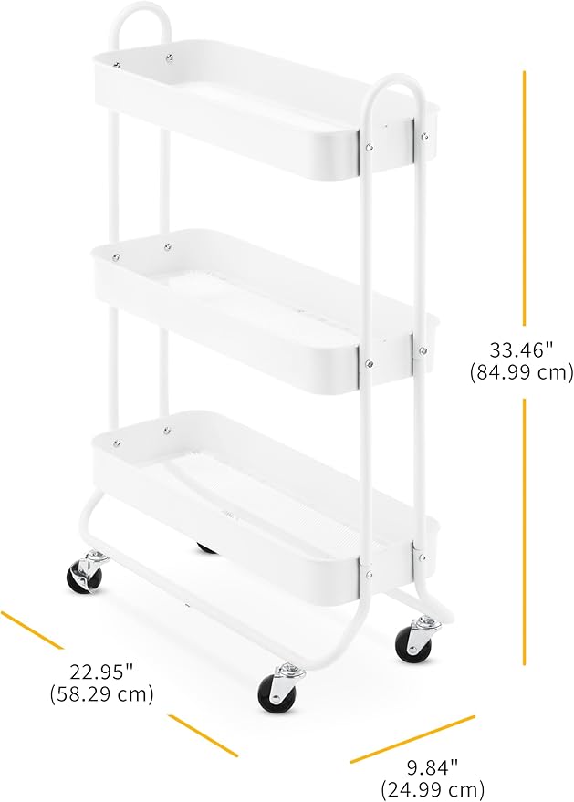 Whitmor 3-Tier Slim Cart - Kitchen, Pantry, Bathroom Rolling Storage Cart - White