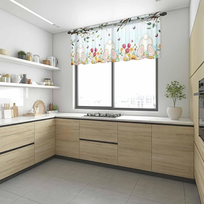 Easter Sheer Valances for Windows 42"x12", Light Filtering Kitchen Curtains